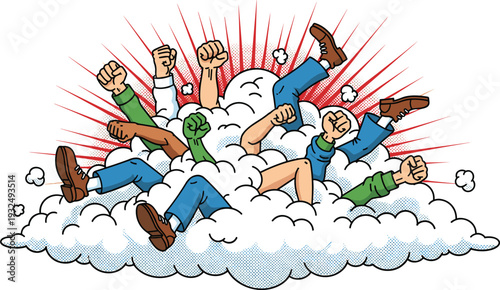 Cartoon Comic Fight Cloud with Punching Fists and Legs, Chaotic Brawl Scene in Retro Pop Art Style Vector Illustration