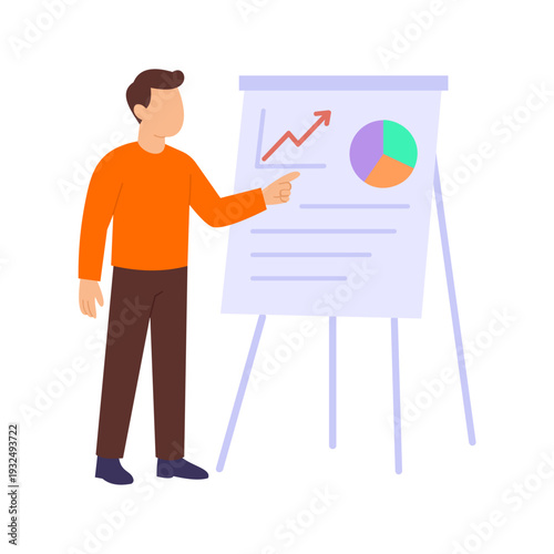 Flipchart Demo, Explaining concepts using flipchart during presentation, Flat vector character illustration