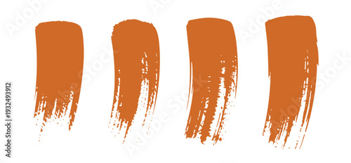 Four parallel vertical, burnt orange brush, strokes with textured dry brush effect, ragged edges and visible bristle details isolated on white background