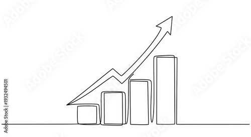 Continuous Line Drawing of Upward Bar Chart with Arrow