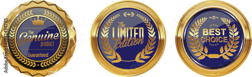 Three blue and gold award badges on a white background