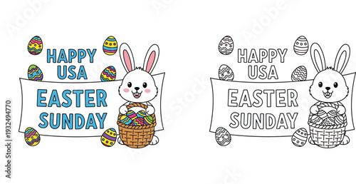 Happy USA Easter Sunday Banner with Cute Bunny and Eggs - Holiday Celebration Design