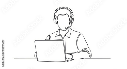 Customer service agent with headset and laptop, single line drawing illustration