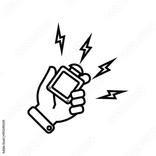 Cartoon Hand Holding Remote Device – Lightning Burst Line Art
