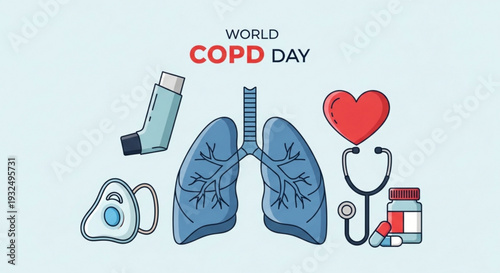 World copd day illustration with lungs inhaler stethoscope and heart symbol on light blue background promoting respiratory health awareness