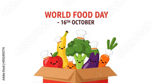 Colorful cartoon vegetables and fruits in a cardboard box for world food day on october 16th celebration