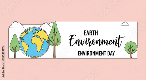 Earth environment day banner with globe trees and clouds on pink background