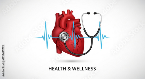 Red anatomical heart with stethoscope wrapped around it ecg heartbeat lines health and wellness concept on white background medical illustration