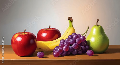 A still life arrangement featuring diverse fruits artistically presented on a surface