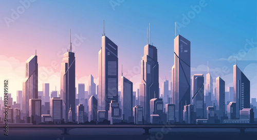 A stylized cityscape at dusk, featuring towering skyscrapers and a bridge under a colorful sky