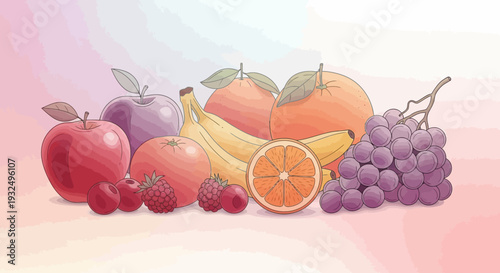 A vibrant still life composition showcasing an assortment of fresh and colorful fruits