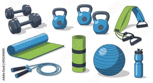 Collection of fitness equipment for workout and exercise training in the gym.