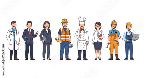 Diverse group of professionals showcasing various occupations and careers in society.