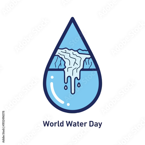 Abstract concept art of a water drop containing a melting glacier and flowing river, symbolizing conservation and World Water Day awareness with clean, modern linework.
