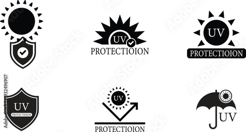 UV protection icon set collection group featuring ultraviolet shield symbol for sun safety skincare sunscreen warning outdoor health protection signage vector design. UV shield, pathogen barrier icon.