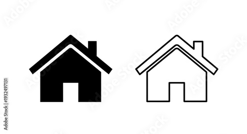 Set of 2 black home house icons vector, solid and outline style, for website navigation, app interface, and digital design elements isolated on White Background