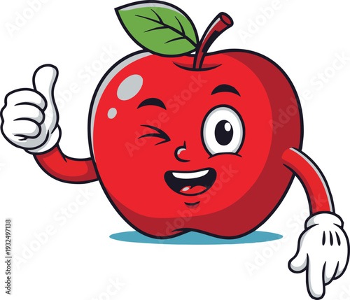 Cartoon red apple character with a green leaf and stem, giving a thumbs up and winking on a clean white background