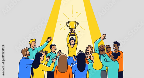 Woman Holding Gold Trophy with Cheering Team Vector Illustration