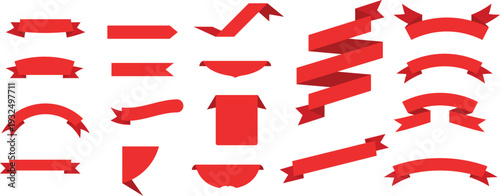 Vector set of red ribbons and bows. Isolated silk banners for Christmas gifts, sale tags, and corner decorations. Realistic satin label and sticker shapes collection.