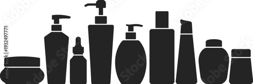 Set of various black cosmetic bottle and skincare product silhouettes vector illustration icons for beauty fashion and salon packaging designs.