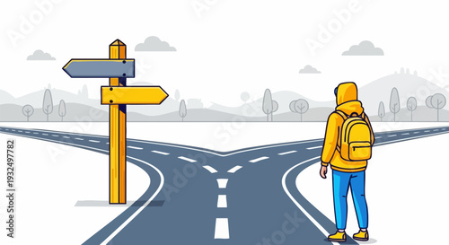 Man at Road Fork with Direction Sign Vector Illustration