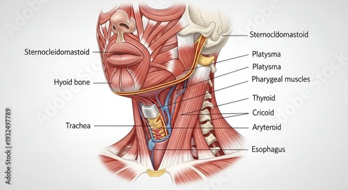 Detailed Anatomical Illustration of Human Neck Muscles and Structures.