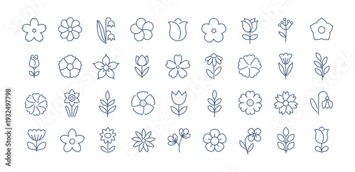Set of line spring and summer flowers with editable stroke