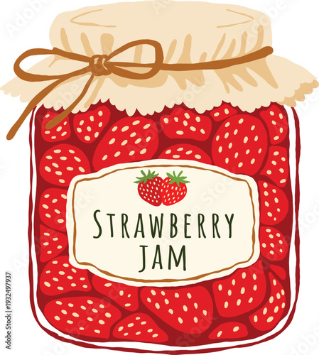 Hand-drawn illustration of a glass jar filled with strawberry jam, featuring bright red berries and a decorative label for food packaging, labels, stickers, kitchen decor, recipe books, farmers market