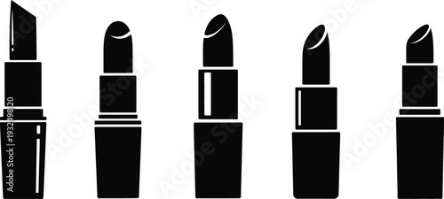 Set of various lipstick silhouettes black vector illustration icons for makeup beauty cosmetics fashion and salon themes on white background.