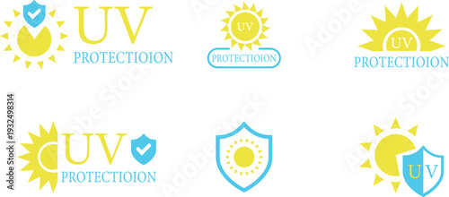 UV protection icon set collection group featuring ultraviolet shield symbol for sun safety skincare sunscreen warning outdoor health protection signage vector design. UV shield, pathogen barrier icon.