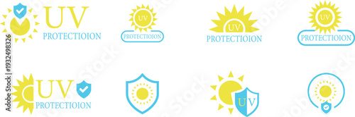 UV protection icon set collection group featuring ultraviolet shield symbol for sun safety skincare sunscreen warning outdoor health protection signage vector design. UV shield, pathogen barrier icon.