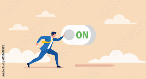 Businessman Running to Turn On Switch Vector Illustration