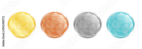 金・銀・銅・水色のダイアモンドカット風(幾何学模様)円形グロスボタン4色セット