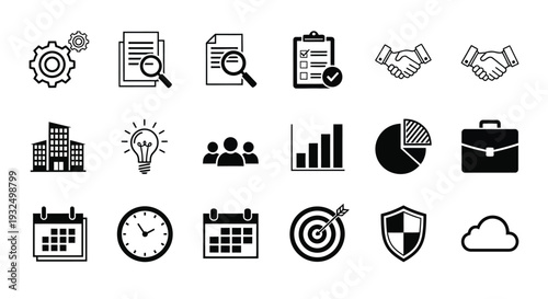 Collection of black linear icons representing business and technology silhouette