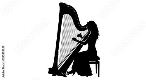 Silhouette of a female harpist playing a classical harp instrument isolated on white background.