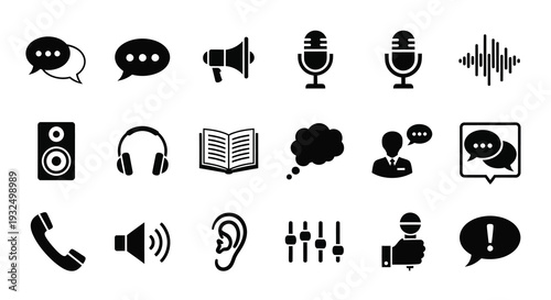 Collection of black audio and communication icons in a flat style silhouette