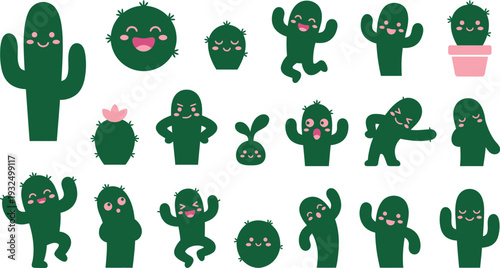 Collection of cute cartoon green cactus characters displaying various joyful and expressive emotions