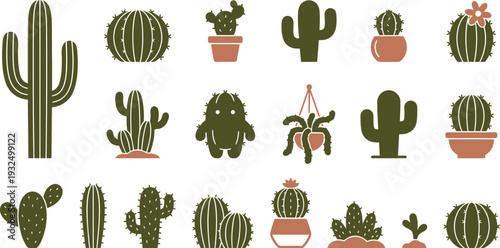 Cute and diverse vector icons of cactus plants in different shapes and styles