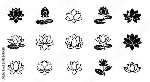 Collection of black lotus flower designs in various stages silhouette