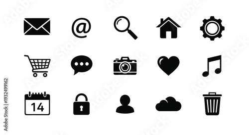 Collection of common digital icons in black minimalist silhouette