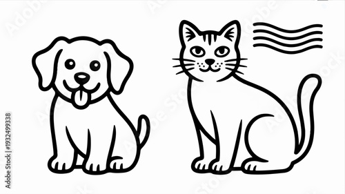 Friendly dog and cat sitting together in black outline simple illustration for kids or pet lovers cute animals