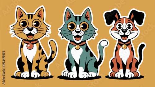 Three cartoon pets cat dog and tabby cat sitting together on orange background smiling and looking happy