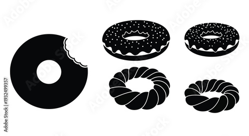 Black and white donut illustrations in various shapes a striking silhouette