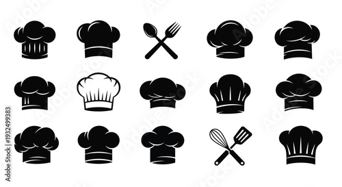 Collection of chef hats and cooking utensils in black silhouette