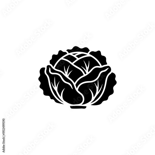 A stylized black and white illustration of a single piece of broccoli