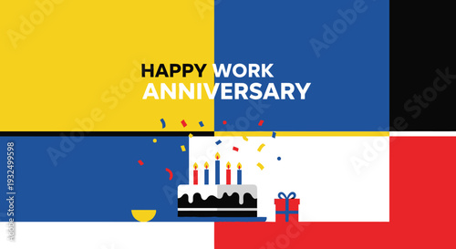 Colorful anniversary celebration with a cake and gift flat silhouette