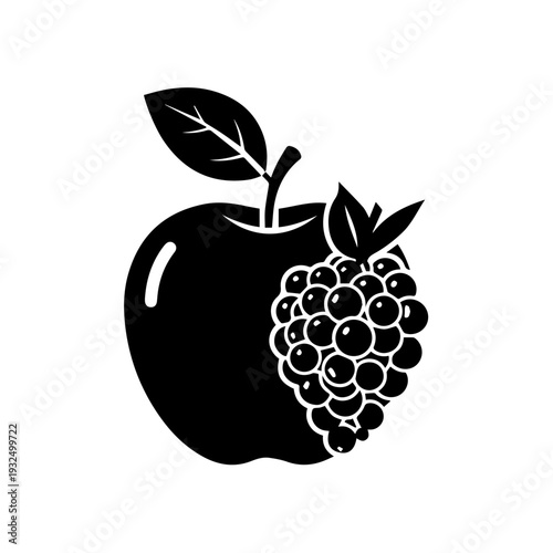 Black and white illustration of an apple with a raspberry cluster on its side
