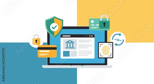 Digital security concept with laptop padlock and fingerprint silhouette