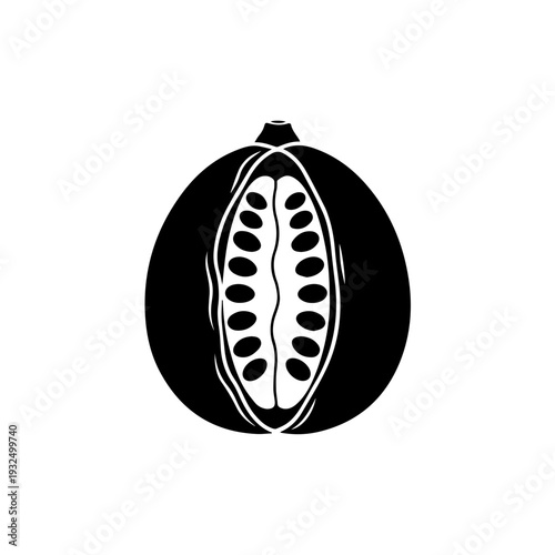 Black and white stylized illustration of a coffee bean with a central cut