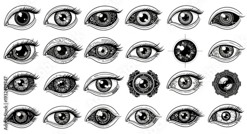 Detailed illustration of various human eyes with intricate artistic designs and patterns.